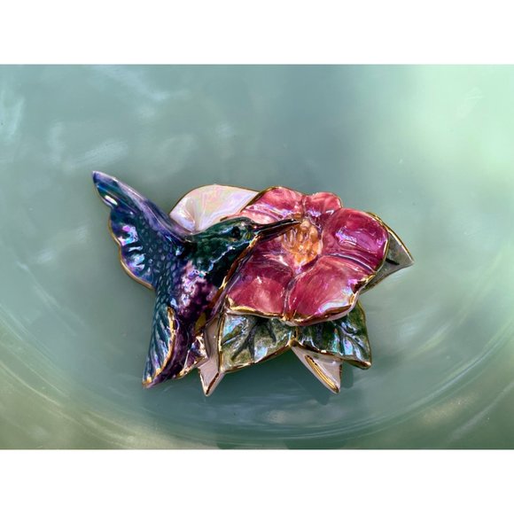 Vintage 1980s Ceramic Artist Made Humming BIrd Flower Brooch - Picture 5 of 10